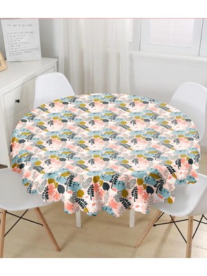 Rem Home Remhome Pudra Zemin Üzerinde Onedraw Çizimli Yaprak Desenli Yuvarlak Masa Örtüsü - Çap 140CM 140 x 140 cm
