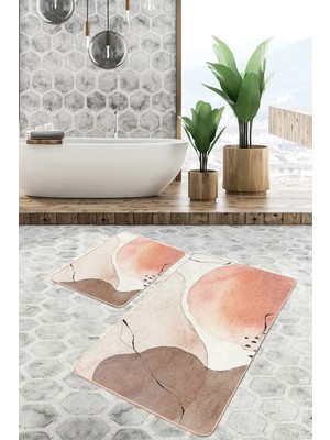 Rem Home Remhome 2'li Set Kahverengi - Ekru Zeminde Bohem Motifli Kanvas Bohem Sade & Şık 2'li Banyo Paspas Takımı Takım Banyo Paspası