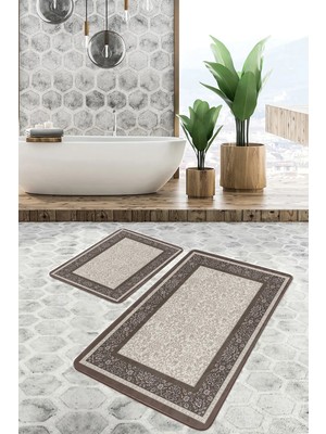 Rem Home Remhome Krem - Kahverengi Zeminde Çerçeveli Motifli Geleneksel Vintage Avangarde 2'li Banyo Paspas Takımı Takım Banyo Paspası