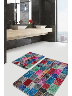 Rem Home Remhome 2'li Set Çok Renkli Zeminde Kırkyama Motifli Patchwork Vintage Klasik 2'li Banyo Paspas Takımı Takım Banyo Paspası