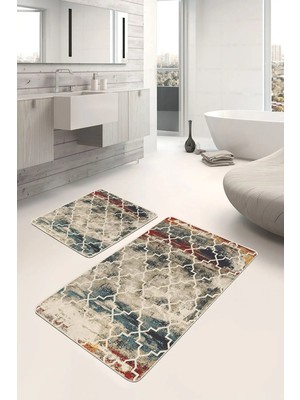 Rem Home Remhome 2'li Set Krem Zeminde Morrocan Motifli Otantik Geometrik Eskitme Motifli 2'li Banyo Paspas Takımı Takım Banyo Paspası