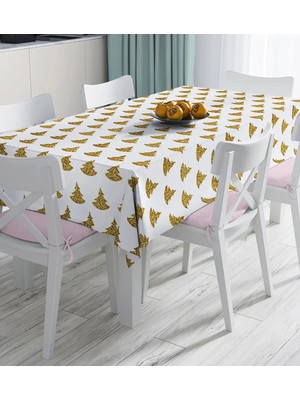 Rem Home Remhome Beyaz Zeminde Gold Renkli Çam Ağacı Desenli Dijital Baskılı Masa Örtüsü 90 x 90 cm