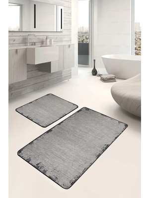 Rem Home Remhome 2'li Set Gri Zeminde El Dokuma Motifli Antika Eskitme Motifli Sade & Şık 2'li Banyo Paspas Takımı Takım Banyo Paspası