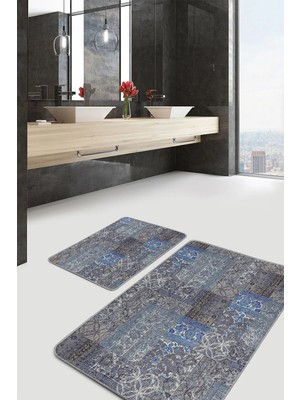 Rem Home Remhome Mavi - Gri Zeminde Patchwork Motifli Etnik Vintage Eskitme Motifli 2'li Banyo & Mutfak Paspas Takımı Takım Banyo Paspası
