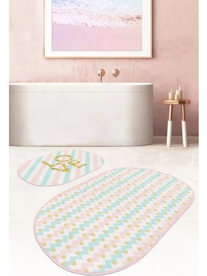 Rem Home Remhome Renkli Zigzag Motifli Gold Detaylı Dijital Baskılı 2'li Oval Kaymaz Taban Banyo & Mutfak Paspas Seti Takım Banyo Paspası
