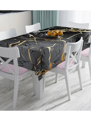 Rem Home Remhome Siyah Zeminde Gold Renkli Çizim Desenli Dijital Baskılı Masa Örtüsü 90 x 90 cm