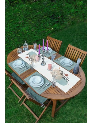 Rem Home Remhome Boho House Özel Tasarım 1 Adet Runner & 4 Adet Mint Yeşili Renkli Amerikan Servis