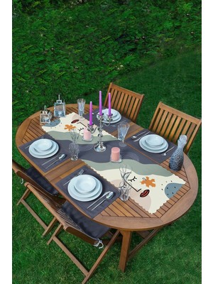 Rem Home Remhome Pastel Zeminde Onedraw Çizimli Kadın Silüeti 1 Adet Runner ve 4 Adet Koyu Gri Renkli Amerikan Servis
