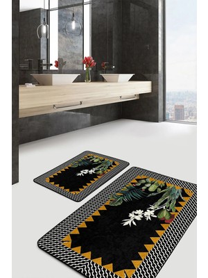 Rem Home Remhome Siyah Zeminde Çerçeveli Motifli Çiçek Desenli Geometrik Floral 2'li Banyo & Mutfak Paspas Takımı Takım Banyo Paspası