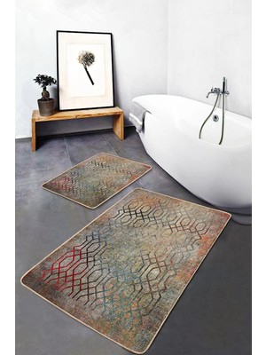 Rem Home Remhome Antika Zeminde Geometrik Motifli Eskitme Geometrik Eskitme Motifli 2'li Banyo & Mutfak Paspas Takımı Takım Banyo Paspası