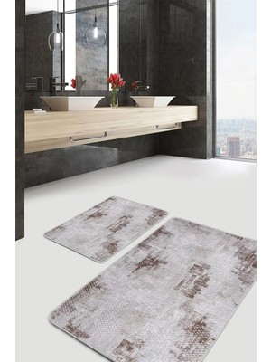 Rem Home Remhome Krem - Kahverengi Zeminde Örgü Motifli Eskitme Motifli Klasik 2'li Banyo & Mutfak Paspas Takımı Takım Banyo Paspası