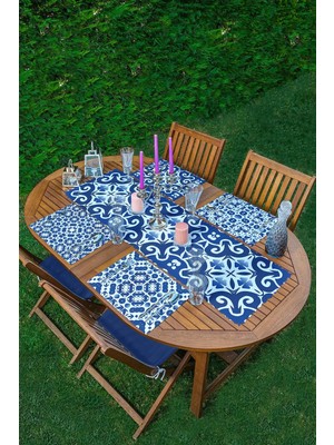 Rem Home Remhome 4+1 Beyaz Zeminli Renkli Geometrik Desenli Modern Amerikan Servis & Runner Seti