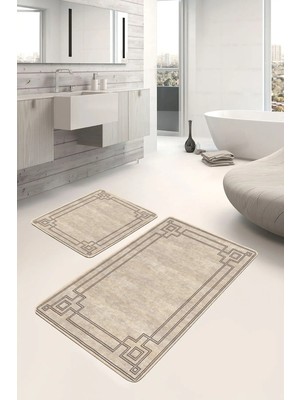 Rem Home Remhome Krem Kahverengi Zeminde Çerçeveli Motifli Dokuma Avangarde Geometrik 2'li Banyo Mutfak Paspas Takımı Takım Banyo Paspası