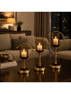 Vien Home Modern Gold Metal Cam Mumluk – Dekoratif Cam Fanuslu Şamdan | 30 / 35 / 40 cm