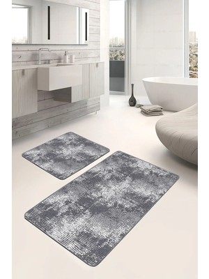 Rem Home Remhome Gri - Siyah Zeminde Örme Motifli Eskitme Desenli Eskitme Motifli Sade & Şık 2'li Banyo Paspas Takımı Takım Banyo Paspası