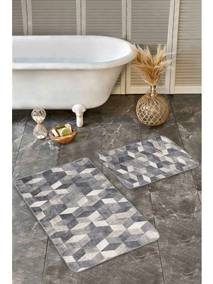 Rem Home Remhome Bej - Gri Zeminde Örgü Motifli Geometrik Geometrik Eskitme Motifli 2'li Banyo & Mutfak Paspas Takımı Takım Banyo Paspası