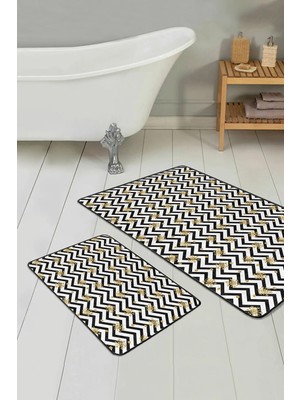 Rem Home Remhome Siyah Beyaz Zigzag Gold Detaylı Kar Taneleri 2'li Kaymaz Tabanlı Banyo & Mutfak Paspas Takımı Takım Banyo Paspası