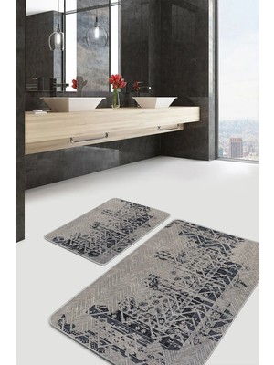 Rem Home Remhome Krem Gri Zeminde Antik Motifli Geleneksel Eskitme Motifli Avangarde 2'li Banyo Mutfak Paspas Takımı Takım Banyo Paspası