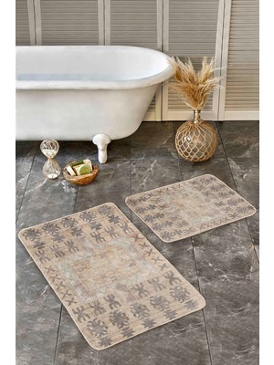 Rem Home Remhome 2'li Set Krem Zeminde Tribal Motifli Antik Desenli Etnik Motifler Vintage 2'li Banyo Paspas Takımı Takım Banyo Paspası