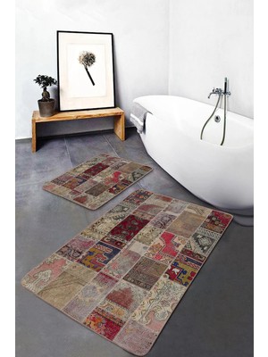 Rem Home Remhome Vintage Zeminde Kırkyama Motifli Patchwork Vintage Etnik Motifler 2'li Banyo & Mutfak Paspas Takımı Takım Banyo Paspası