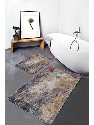 Rem Home Remhome 2'li Set Kanvas Zeminde Suluboya Motifli Eskitme Eskitme Motifli Modern 2'li Banyo Paspas Takımı Takım Banyo Paspası
