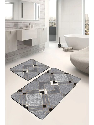 Rem Home Remhome Füme - Gri Zeminde Geometrik Motifli Kanvas Geometrik Sade & Şık 2'li Banyo & Mutfak Paspas Takımı Takım Banyo Paspası