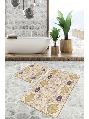 Rem Home Remhome 2'li Set Pastel Zeminde Etnik Motifli Suluboya Desenli 2'li Banyo & Mutfak Paspas Takımı Takım Banyo Paspası