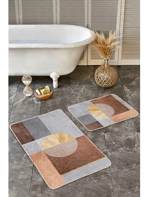 Rem Home Remhome 2'li Set Kahverengi Zeminde Geometrik Motifli Boho Geometrik Sade & Şık 2'li Banyo Paspas Takımı Takım Banyo Paspası