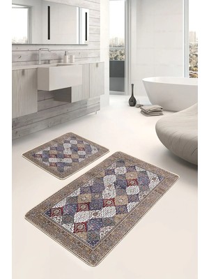 Rem Home Remhome 2'li Set Otantik Zeminde Pers Motifli Geleneksel Desenli Avangarde Vintage 2'li Banyo Paspas Takımı Takım Banyo Paspası