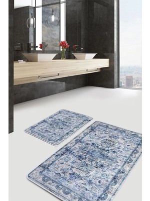 Rem Home Remhome Mavi - Beyaz Zeminde Rustik Motifli Dokuma Avangarde Eskitme Motifli 2'li Banyo Mutfak Paspas Takımı Takım Banyo Paspası