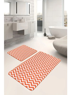 Rem Home Remhome 2'li Set Turuncu Zeminde Geometrik Motifli Zikzak Desenli Geometrik Klasik 2'li Banyo Paspas Takımı Takım Banyo Paspası