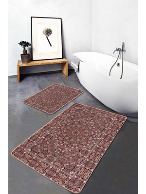 Rem Home Remhome 2'li Set Krem Zeminde Antika Motifli El Dokuma Avangarde Etnik Motifler 2'li Banyo Paspas Takımı Takım Banyo Paspası
