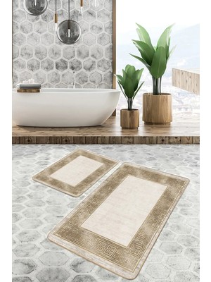 Rem Home Remhome 2'li Set Krem - Gold Zeminde Çerçeveli Motifli Altın Avangarde Geometrik 2'li Banyo Paspas Takımı Takım Banyo Paspası
