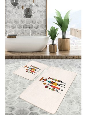 Rem Home Remhome 2'li Set Beyaz Zeminde Etnik Motifli Afrika Kadın Etnik Motifler Klasik 2'li Banyo Paspas Takımı Takım Banyo Paspası