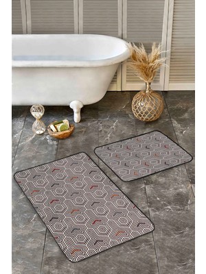 Rem Home Remhome 2'li Set Siyah - Bej Zeminde Geometrik Motifli Klasik Geometrik Klasik 2'li Banyo Paspas Takımı Takım Banyo Paspası