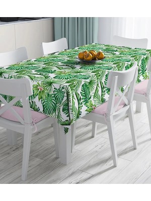 Rem Home Remhome Beyaz Zemin Üzerinde Yeşil Yaprak Desenli Dijital Baskılı Masa Örtüsü 90 x 90 cm