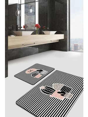 Rem Home Remhome Çizgili Zemin Kaktüs Özel Tasarım Dijital Baskılı 2'li Kaymaz Tabanlı Banyo & Mutfak Paspas Takımı Takım Banyo Paspası