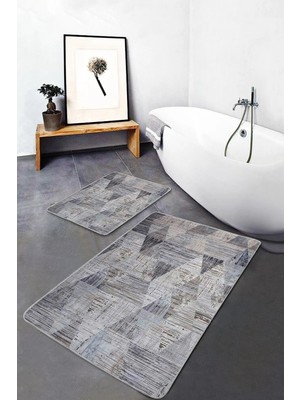 Rem Home Remhome 2'li Set Füme Zeminde Eskitme Motifli Retro Geometrik Eskitme Motifli 2'li Banyo Paspas Takımı Takım Banyo Paspası