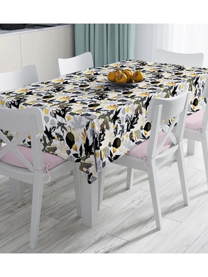 Rem Home Remhome Beyaz Zemin Üzerinde Gold Detaylı Yaprak Desenli Dijital Baskılı Masa Örtüsü 90 x 90 cm