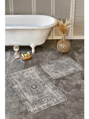 Rem Home Remhome Krem - Siyah Zeminde Antik Motifli Dokuma Halı Avangarde Eskitme Motifli 2'li Banyo Paspas Takımı Takım Banyo Paspası