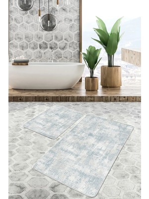 Rem Home Remhome Krem - Mavi Zeminde Eskitme Motifli Retro Sade Şık Eskitme Motifli 2'li Banyo Mutfak Paspas Takımı Takım Banyo Paspası