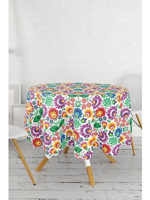 Rem Home Remhome Dijital Baskılı Renkli Çiçek Tasarımlı Modern Yuvarlak Masa Örtüsü Çap 140CM 140 x 140 cm