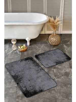 Rem Home Remhome Siyah - Süme Zeminde Kilim Motifli Eskitme Geometrik Eskitme Motifli 2'li Banyo Mutfak Paspas Takımı Takım Banyo Paspası