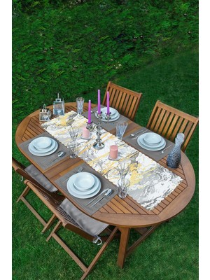Rem Home Remhome Gri Zeminde Gold Detaylı Soft Çizim Desenli Modern 1 Adet Runner & 4 Adet Gri Renkli Amerikan Servis