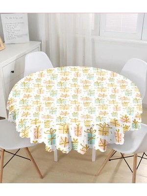 Rem Home Remhome Beyaz Zemin Üzerinde Gold Detaylı Hediye Paketi Desenli Yuvarlak Masa Örtüsü - Çap 140CM 140 x 140 cm