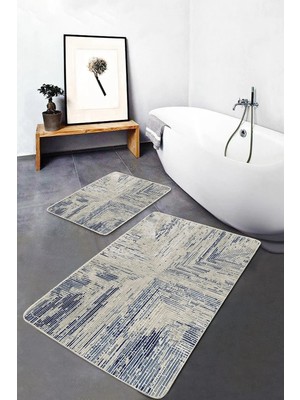 Rem Home Remhome Mavi - Bej Zeminde Dokuma Halı Motifli Eskitme Motifli Geometrik 2'li Banyo & Mutfak Paspas Takımı Takım Banyo Paspası
