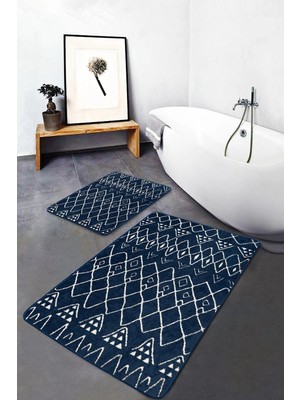 Rem Home Remhome Mavi Zeminde Otantik Motifli Geleneksel Geometrik Etnik Motifler 2'li Banyo & Mutfak Paspas Takımı Takım Banyo Paspası