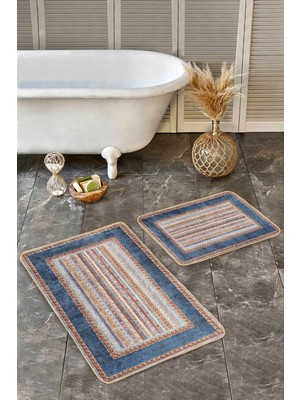 Rem Home Remhome 2'li Set Mavi Zeminde Kilim Motifli Dokuma Desenli Etnik Motifler Avangarde 2'li Banyo Paspas Takımı Takım Banyo Paspası