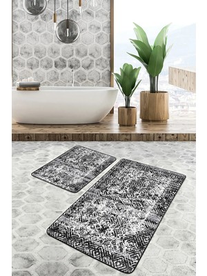 Rem Home Remhome Siyah Zeminde Eskitme Motifli Geleneksel Geometrik Eskitme Motifli 2'li Banyo & Mutfak Paspas Takımı Takım Banyo Paspası