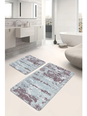 Rem Home Remhome 2'li Set Mavi Zeminde Örgü Motifli Eskitme Desenli Eskitme Motifli Vintage 2'li Banyo Paspas Takımı Takım Banyo Paspası